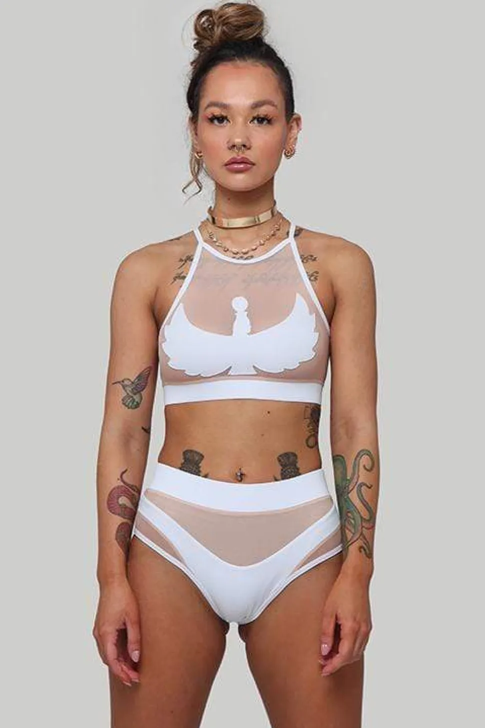 Women CXIX High Waisted Bottoms*Goddess High Waisted Bottoms - White With Sand Mesh