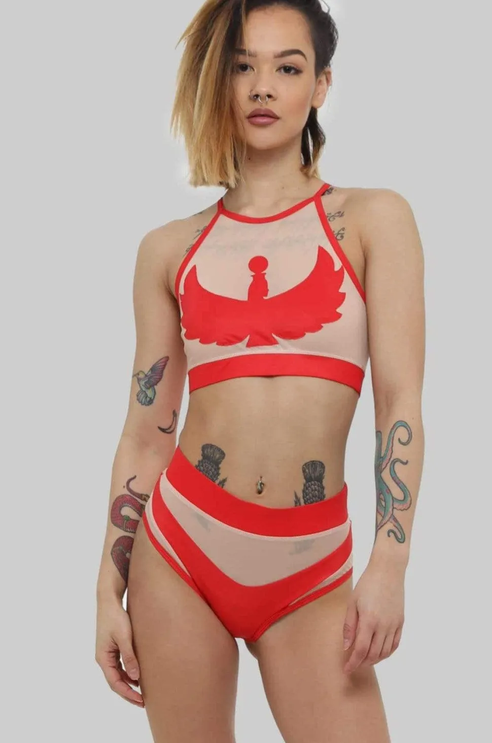 Women CXIX High Waisted Bottoms*Goddess High Waisted Bottoms - Red With Sand Mesh