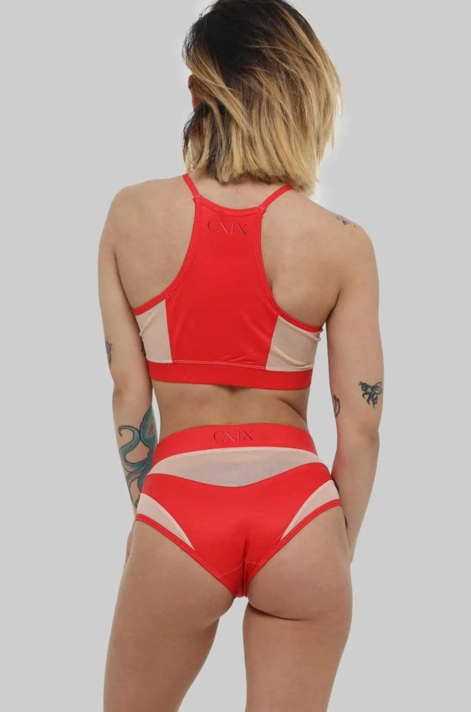 Women CXIX High Waisted Bottoms*Goddess High Waisted Bottoms - Red With Sand Mesh