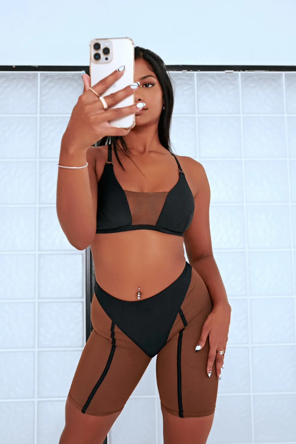 Women CXIX Tees & Tops*Silhouette Plunge Bralette - Black With Cocoa Mesh